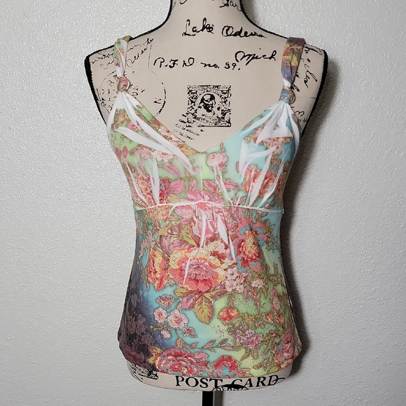 Theme Tops - Vintage Floral Babydoll Tank Large Pastel Y2k 90s Fairy Cottagecore Stretchy